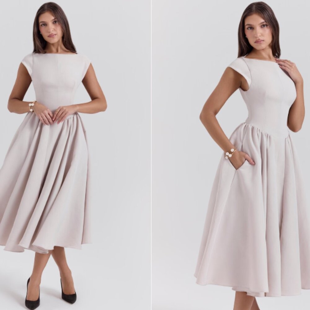 HOUSE OF CB 'Debutante' French Dove Moire Satin Backless Midi NWOT - Picture 2 of 11